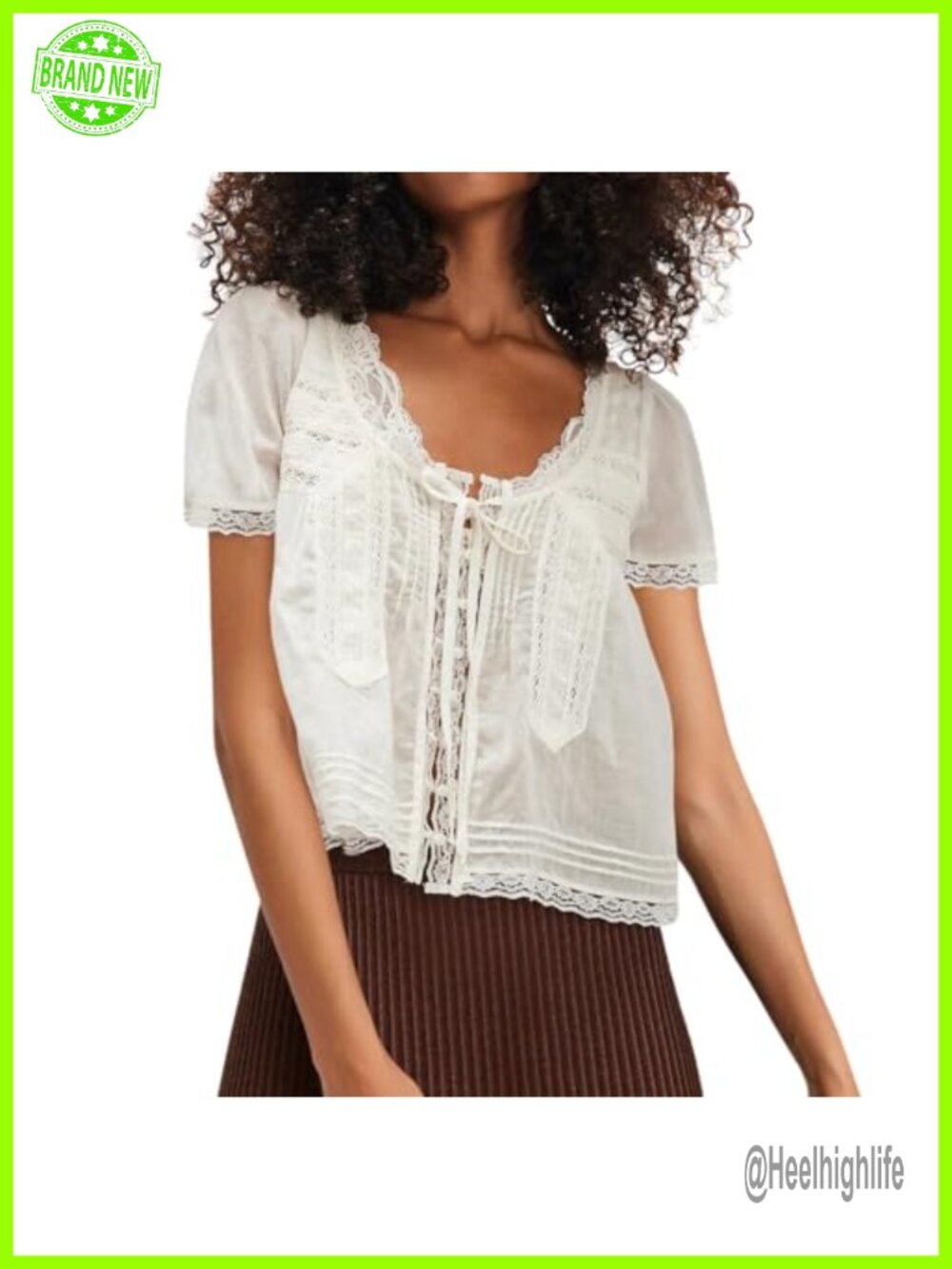 Naileksi Women Boho Lace Trim Button Down Crop Tee Top Short Sleeve